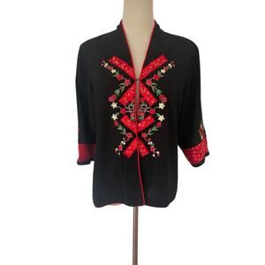Vtg 90s Embroidered Asian Inspired LightWeight Jacket Sz L Black Red Satin